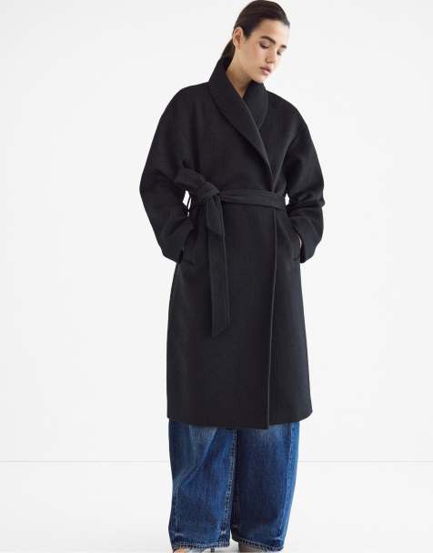 Stradivarius langer Filzmantel mit Gürtel in Schwarz - view 1
