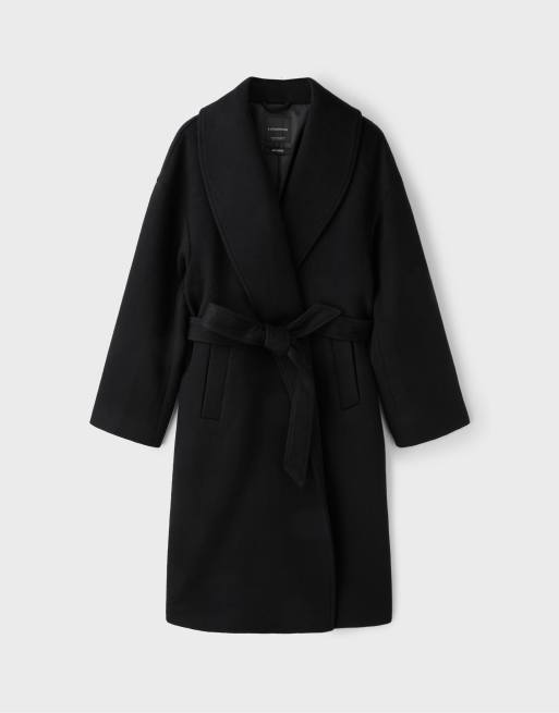 Stradivarius langer Filzmantel mit Gürtel in Schwarz, 6 von 7
