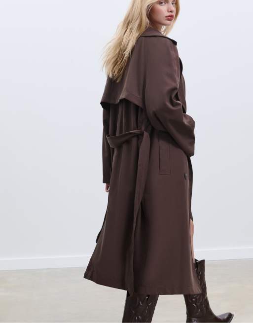 Stradivarius – Langer, locker geschnittener Oversize-Trenchcoat in Braun
