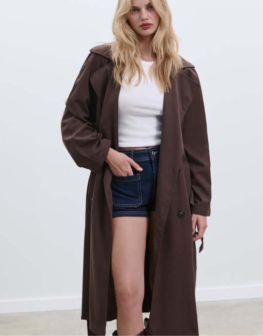 Stradivarius – Langer, locker geschnittener Oversize-Trenchcoat in Braun