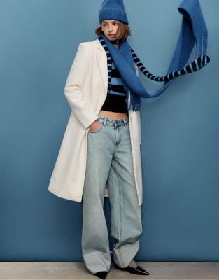 Stradivarius - Langer Mantel für Herren in Ecru-Weiß