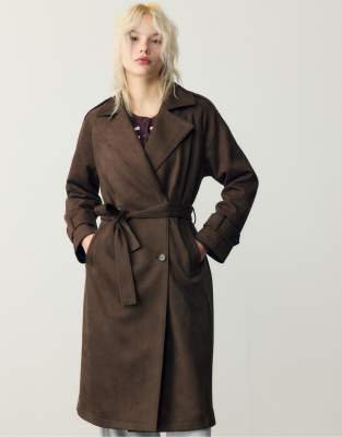 Stradivarius - Langer Trenchcoat aus Wildlederimitat in Braun-Brown