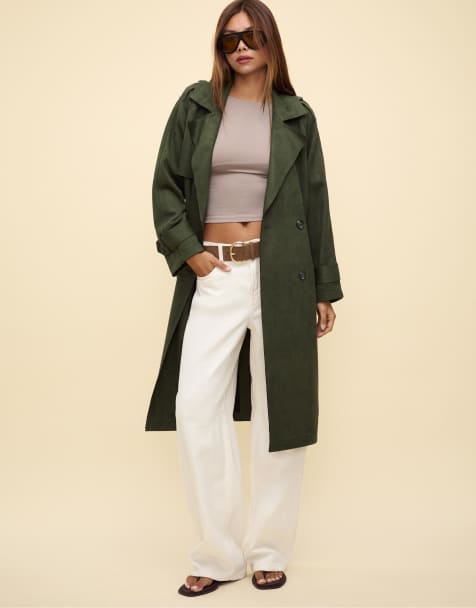 Stradivarius – Langer Trenchcoat aus Wildlederimitat in Grün - view 1