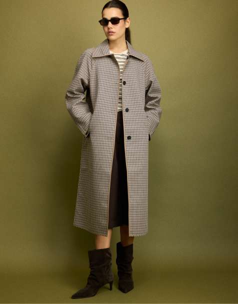 Stradivarius langer, wendbarer karierter Trenchcoat in Beige - view 1