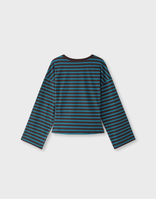 Stradivarius langærmet stribet T-shirt med rynket talje i brun, 7 af 7