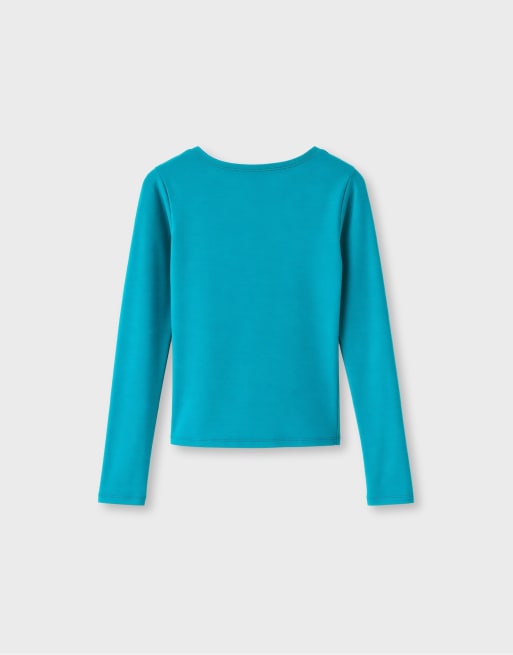 Stradivarius langærmet T-shirt med udskæring under brystet i turkis, 7 af 7