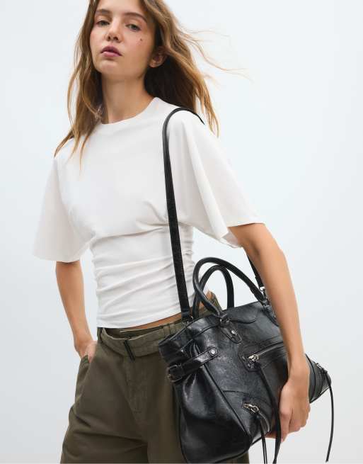 Stradivarius Large city bag with zip pulls in black, 3 of 4