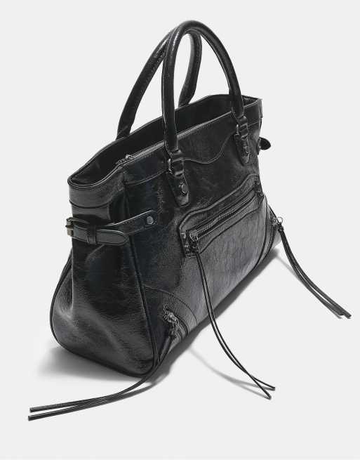 Stradivarius Large city bag with zip pulls in black, 4 of 4
