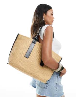 Stradivarius Large Raffia Tote Bag With Contrast Stitching