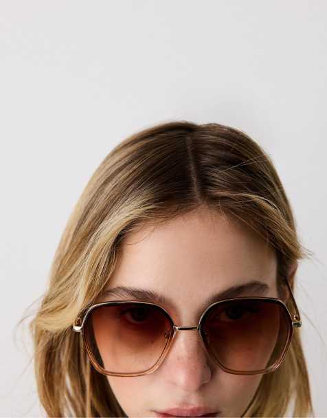 Stradivarius Large square metal sunglasses in brown - view 1