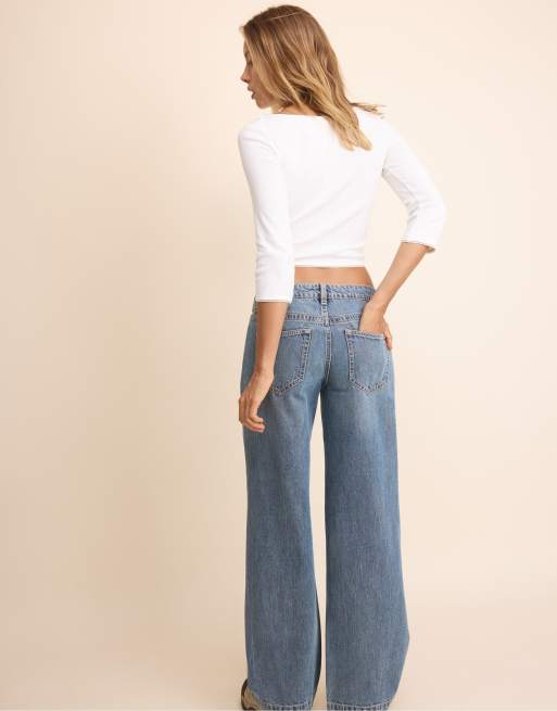 Stradivarius lavtaljede jeans med lige ben i blå denim med overfarvning, 3 af 7