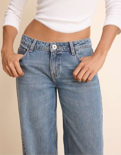 Stradivarius lavtaljede jeans med lige ben i blå denim med overfarvning, 4 af 7