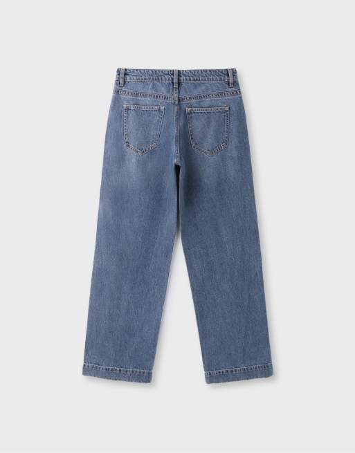Stradivarius lavtaljede jeans med lige ben i blå denim med overfarvning, 7 af 7