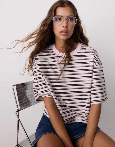 Stradivarius – Laxrosa, randig t-shirt med korta ärmar - view 1