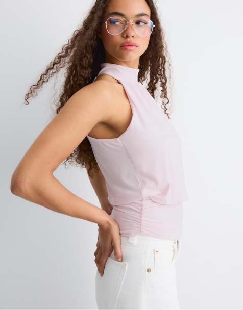 Stradivarius – Laxrosa topp med halterneck och puffeffekt - view 1