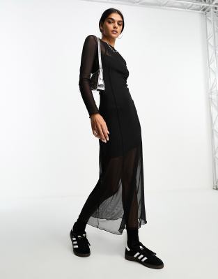 stradivarius mesh maxi dress Stradivarius Layered Mesh Maxi Dress In Black