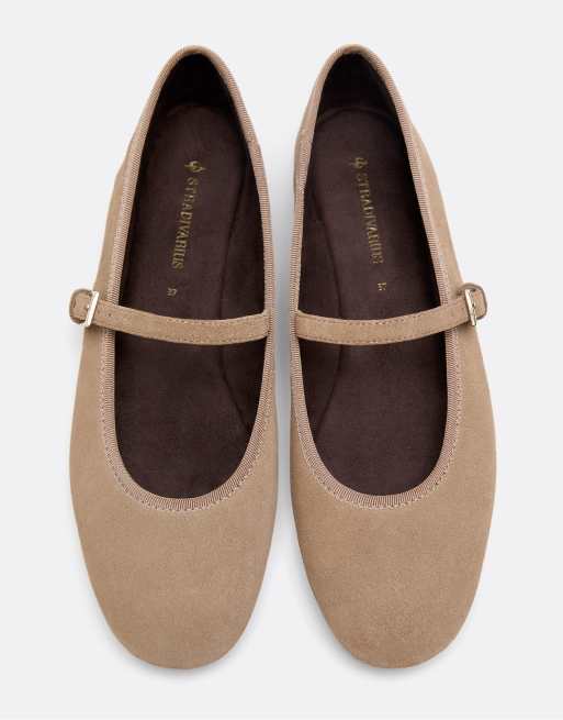 Stradivarius læder Mary Jane-ballerinaer i beige, 4 af 6
