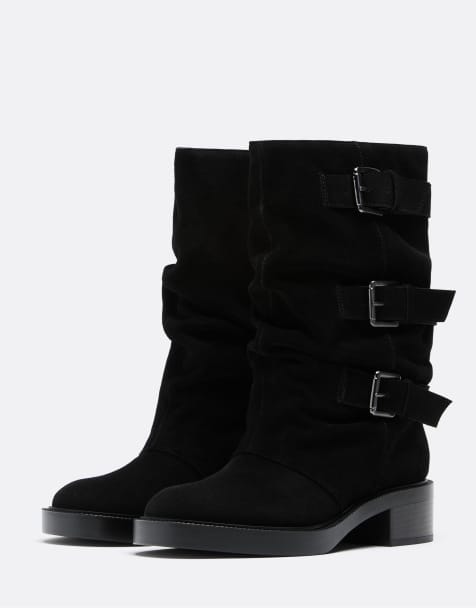 Stradivarius Leather ankle boots with buckles in black - view 1