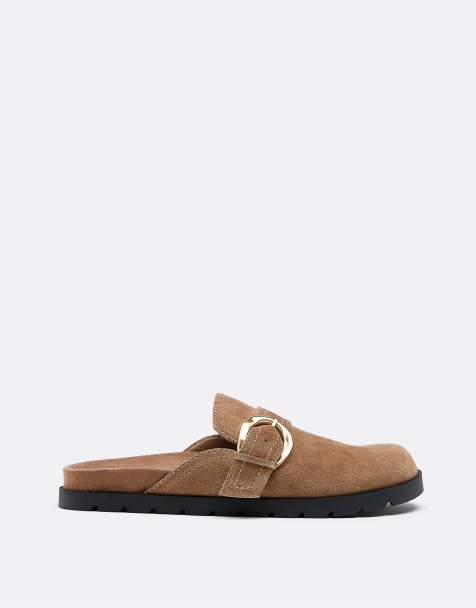 Stradivarius Leather backless clogs in beige - view 1