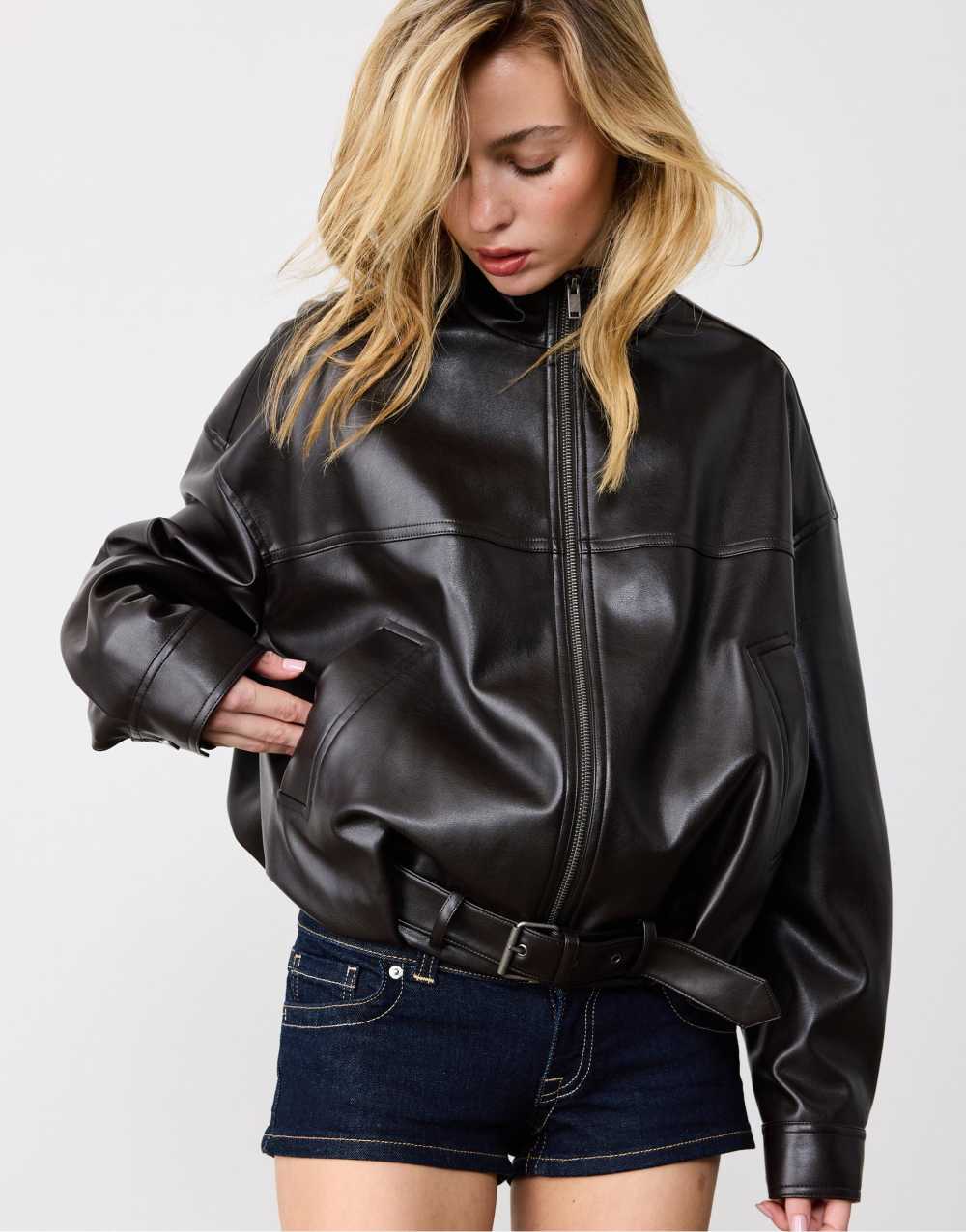 Stradivarius Leather effect balloon jacket with belt in brown