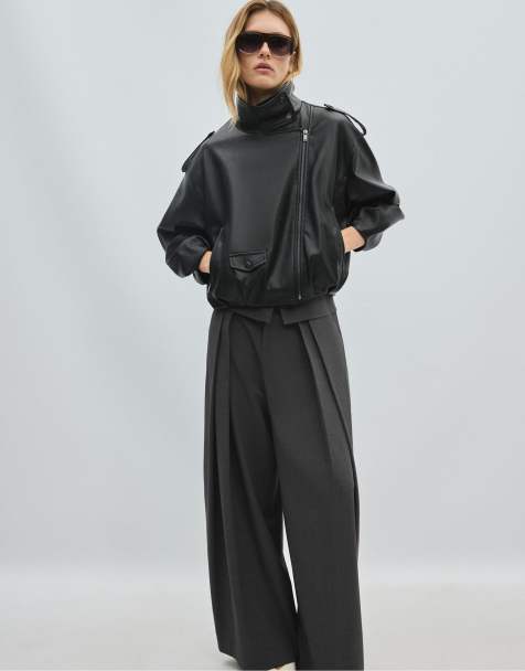 Stradivarius Leather effect balloon sleeve biker jacket in black - view 1