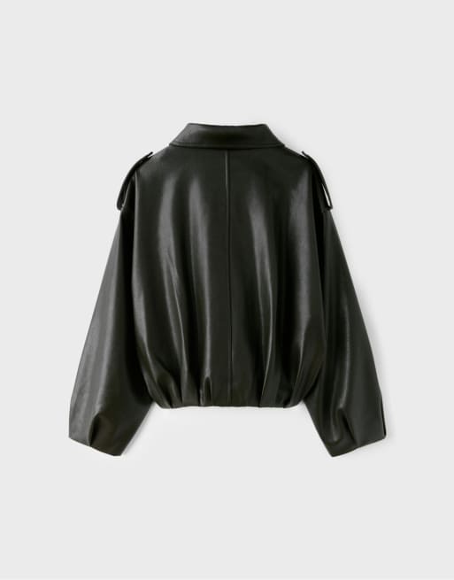 Stradivarius Leather effect balloon sleeve biker jacket in green, 7 of 7
