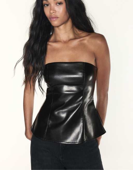Stradivarius Leather-effect bandeau top in black, 2 of 7