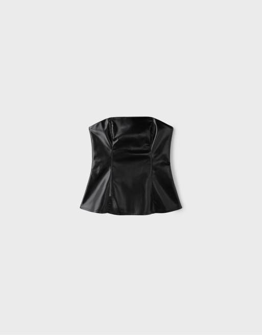 Stradivarius Leather-effect bandeau top in black, 6 of 7