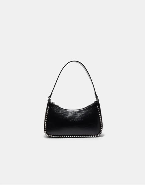 Stradivarius Leather effect beaded shoulder bag in black - view 1