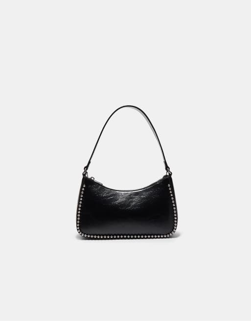 Stradivarius Leather effect beaded shoulder bag in black