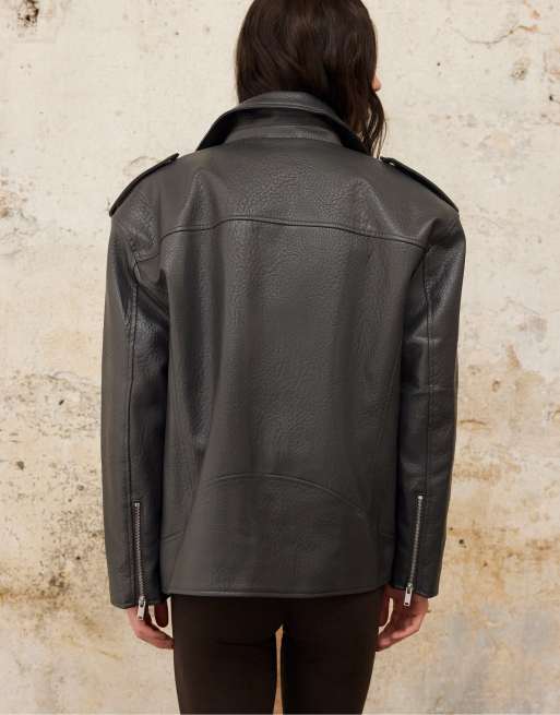 Stradivarius Leather effect biker jacket in dark grey, 3 of 7