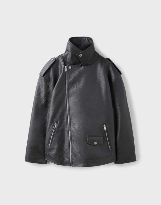 Stradivarius Leather effect biker jacket in dark grey, 6 of 7