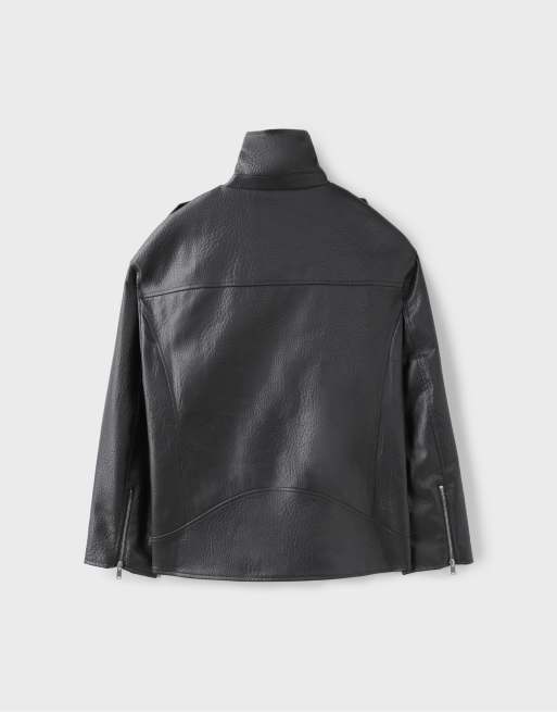 Stradivarius Leather effect biker jacket in dark grey, 7 of 7