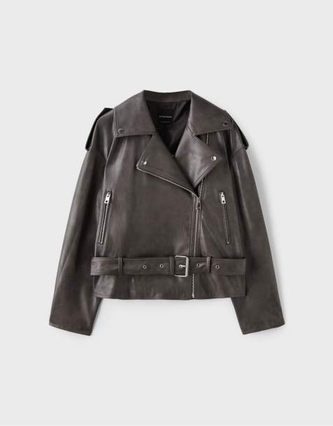 Stradivarius Leather effect biker jacket with belt in dark grey - view 1
