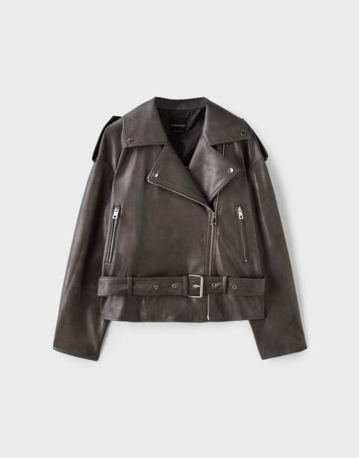 Stradivarius Leather effect biker jacket with belt in dark grey, 6 of 7