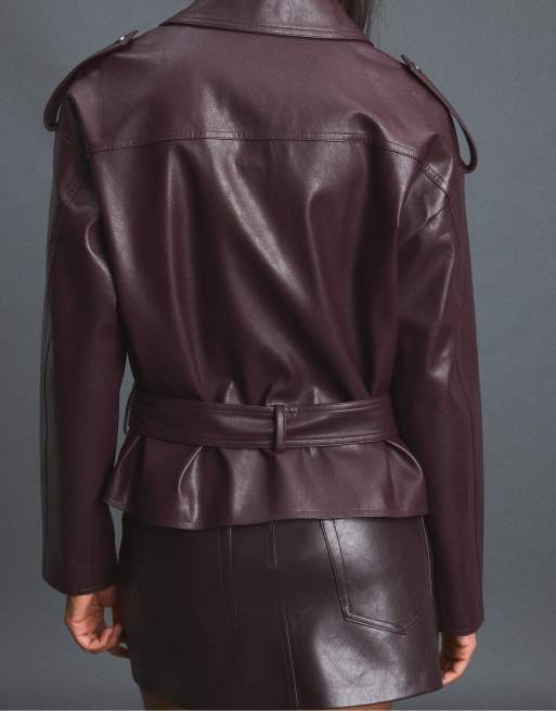 Stradivarius Leather effect biker jacket with belt in purple, 3 of 7