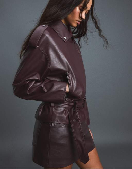 Stradivarius Leather effect biker jacket with belt in purple, 5 of 7