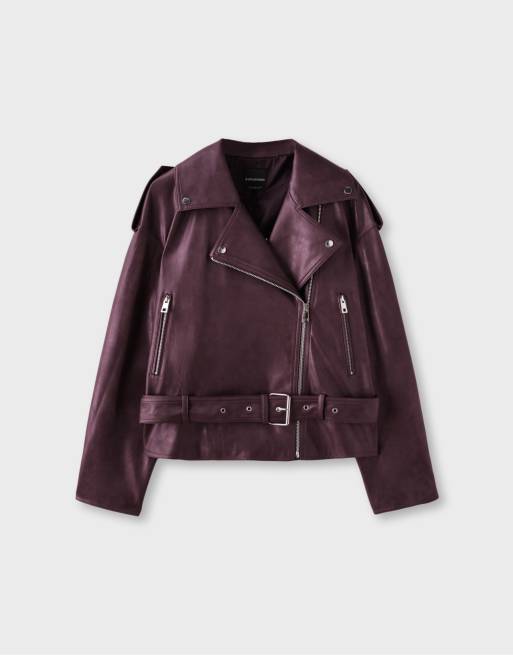 Stradivarius Leather effect biker jacket with belt in purple, 6 of 7
