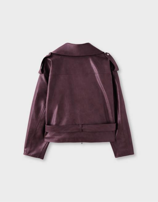 Stradivarius Leather effect biker jacket with belt in purple, 7 of 7