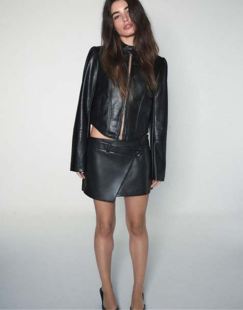 Stradivarius Leather effect crossover mini skirt in black - view 1