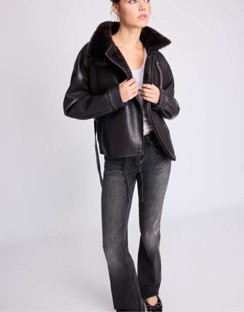 Stradivarius Leather effect double-faced high neck jacket in brown - view 1