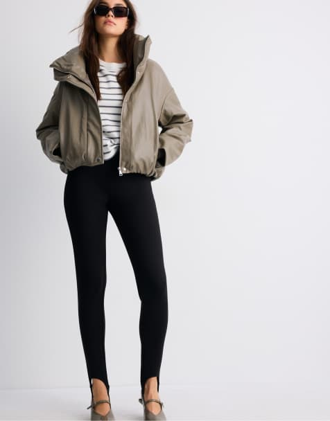 Stradivarius Leather effect high neck puffer jacket in grey - view 1