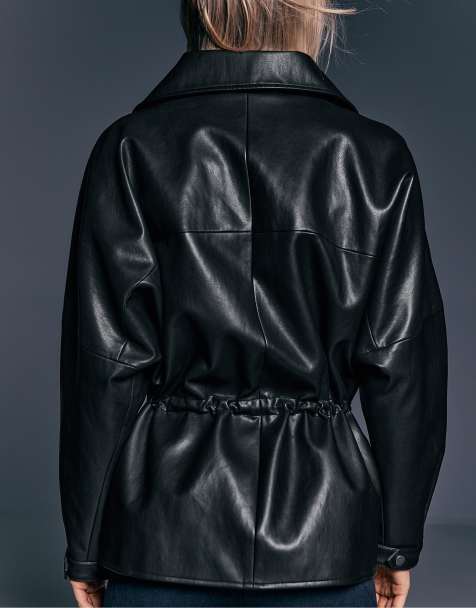 Stradivarius Leather effect medium-length parka in black - view 1