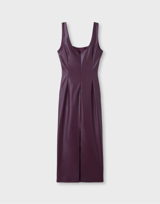 Stradivarius Leather effect midi dress in purple, 7 of 7