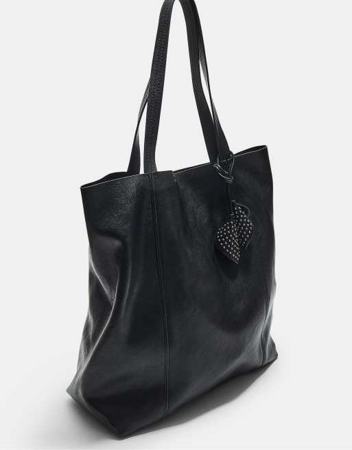 Stradivarius Leather effect shopper bag with floral details in