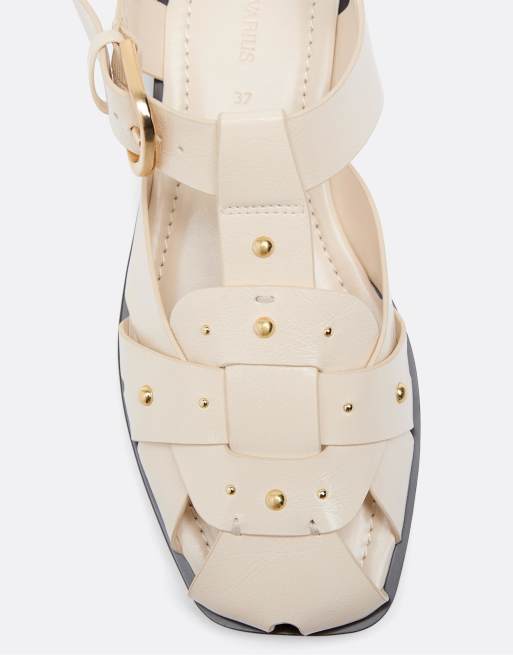 Stradivarius Leather effect studded cage sandals in ecru, 3 of 4