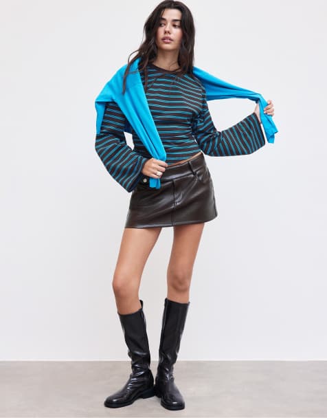 Stradivarius Leather effect suede mini skirt with hammered waist in brown - view 1