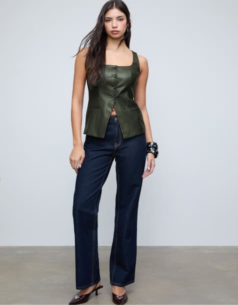 Stradivarius Leather effect top with square neckline in bottle green - view 1