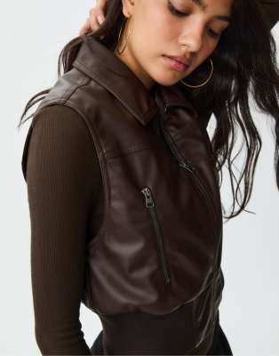 Stradivarius Leather Effect Waistcoat With Zips In Brown