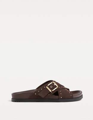  Leather flat slider sandals with studs 